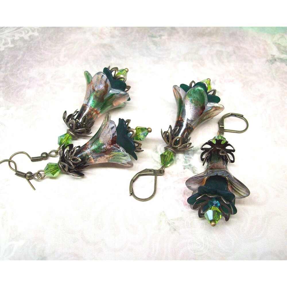 Art Nouveau Earrings Vintage Style, Green, Antique Bronze, Hand Painted Artisan